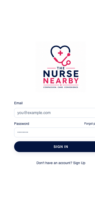 The Nurse Nearby mobile app sign-in screen with the official app logo