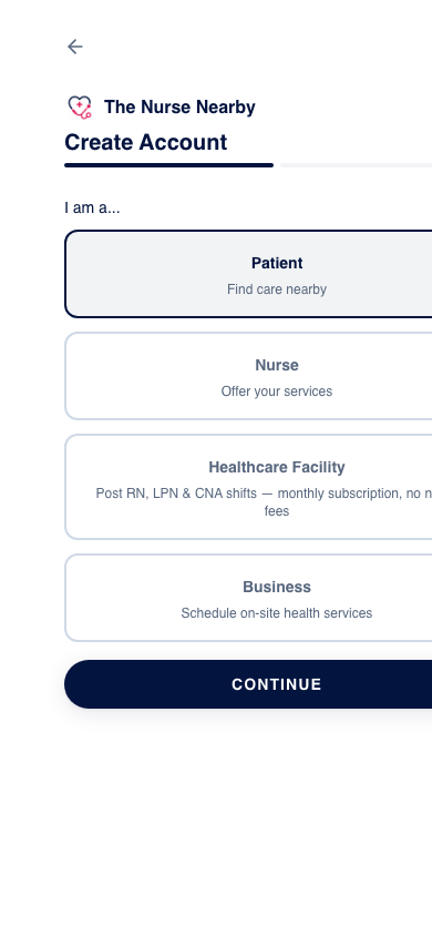 The Nurse Nearby app account type selection screen